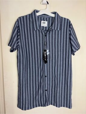 William Rast Vertical Stripe Short-Sleeve Button-Down in Navy and Light Blue